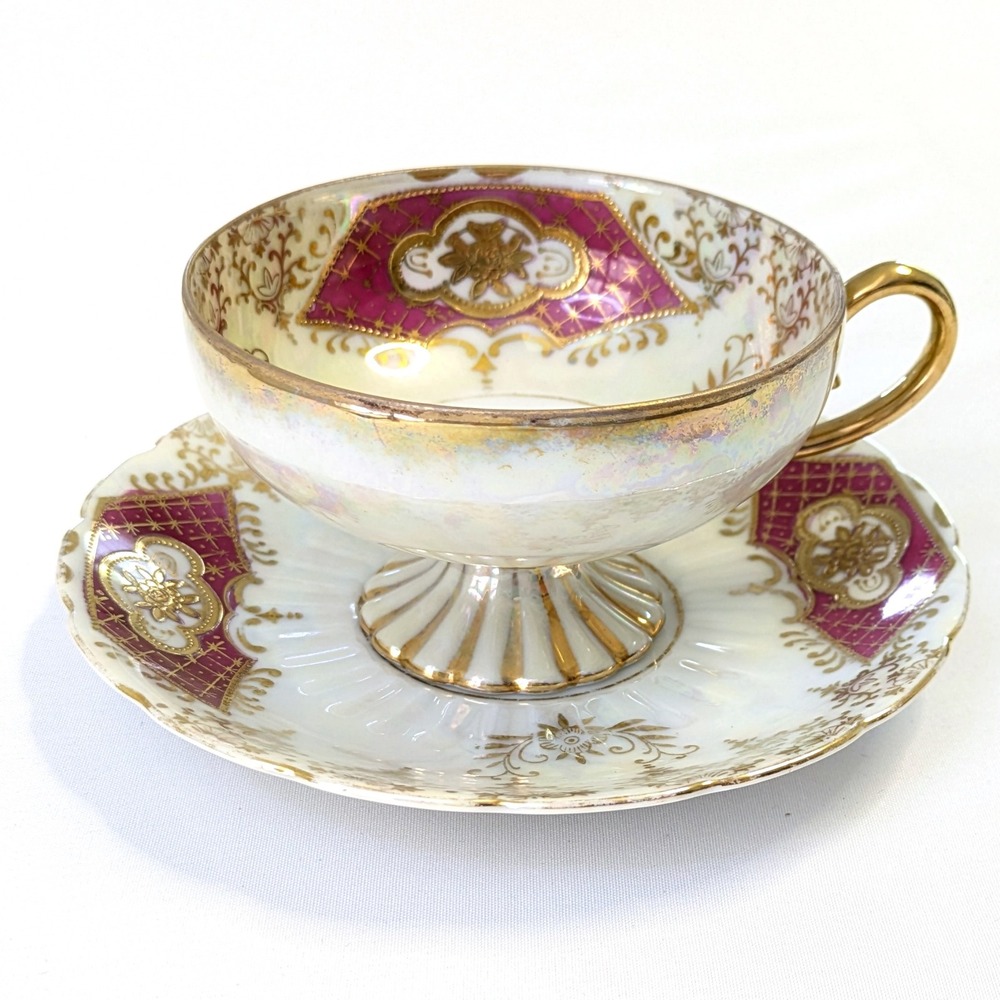 Royal Sealy China Japan Lustreware Teacup and Saucer Set (2) Iridescent Vintage